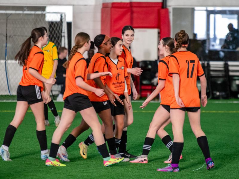 Girls showcasing their soccer skills at the FMSpro Girls' Showcase in Hamilton, February 2025