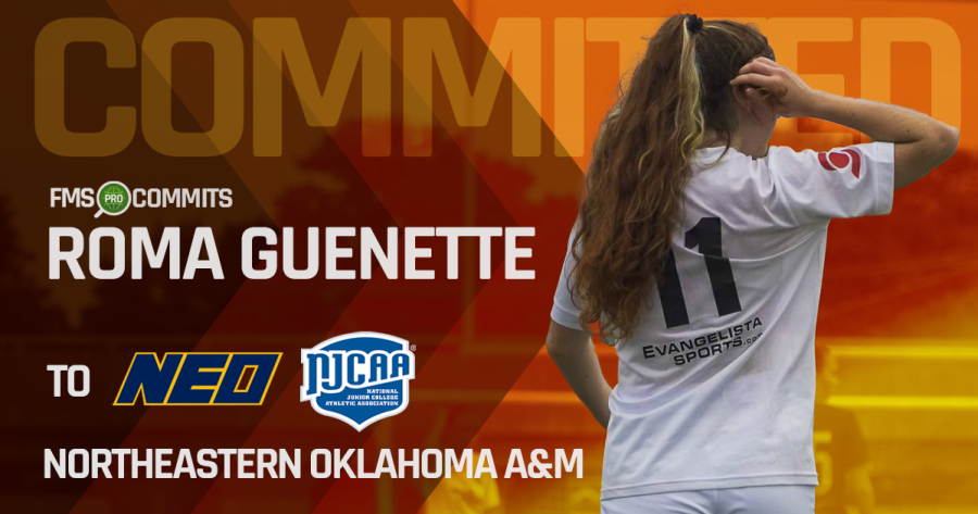 Roma Guenette in action on the soccer field, showcasing her explosive skills as an attacking midfielder/winger, with text overlay highlighting her signing with Northeastern Oklahoma A&M.