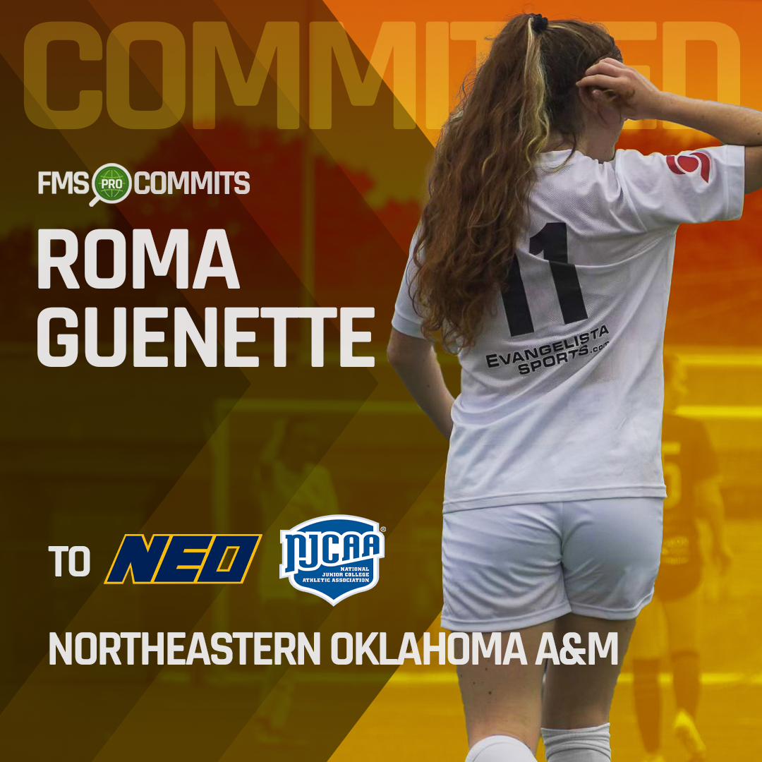 Roma Guenette in action on the soccer field, showcasing her explosive skills as an attacking midfielder/winger, with text overlay highlighting her signing with Northeastern Oklahoma A&M.