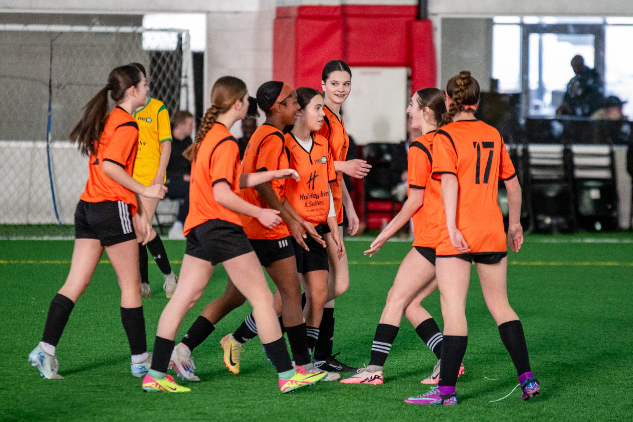 Girls showcasing their soccer skills at the FMSpro Girls' Showcase in Hamilton, February 2025